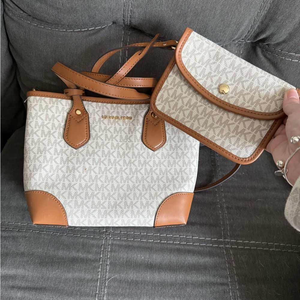 Michael Kors Cream and Tan Small Monogram Bag